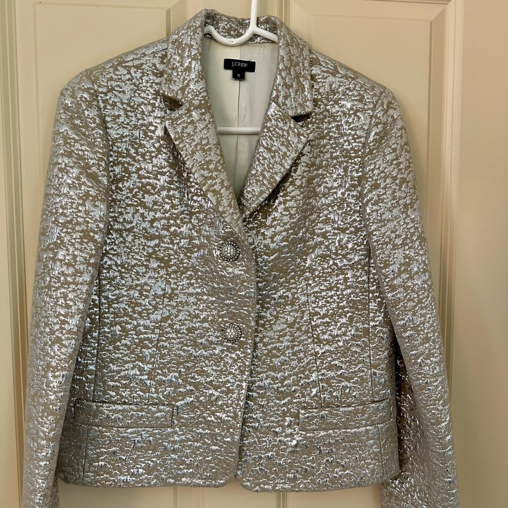 J CREW Silver brocade jacket with diamond- like buttons
